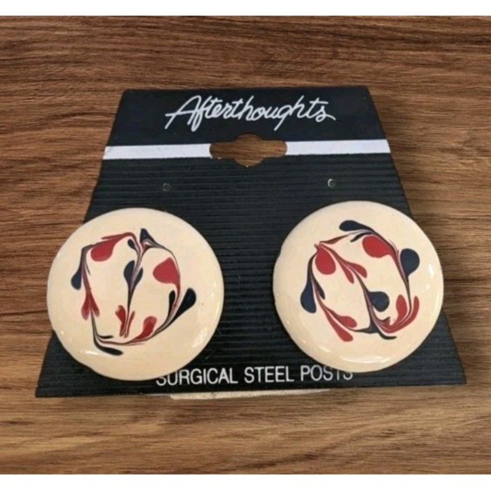 NOS 80s Earrings Enamel Paint Splatter Round Swirl Surgical Steel Blue Red Vtg